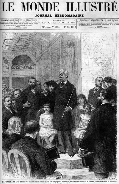 Ferdinand de Lesseps családja és útitársai veszik körül, és elmeséli panamai utazását a Salle de la Sorbonne-ban. Az 1880-as „Illustrous World” borítója. alkotó: French School