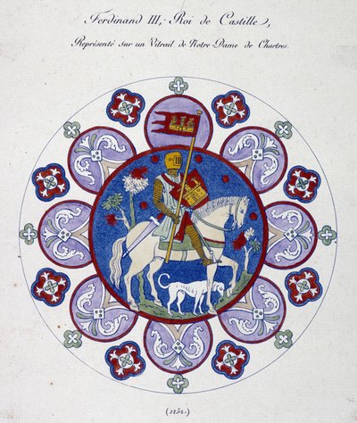 III. Fernánd, Kasztília királya a Notre Dame de Chartres-i ólomüvegen (1252) ábrázolja. Főiskolai hasonlat. alkotó: French School
