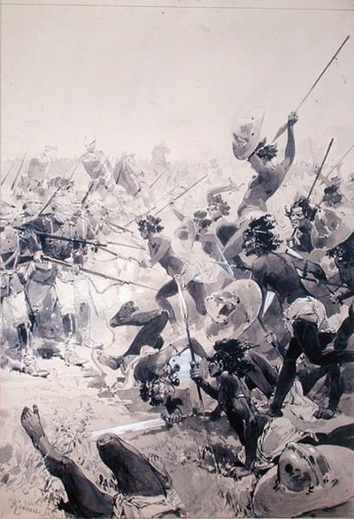 Harc zuluk és angol katonák között, 1878 körül (akvarell, papír) alkotó: French School