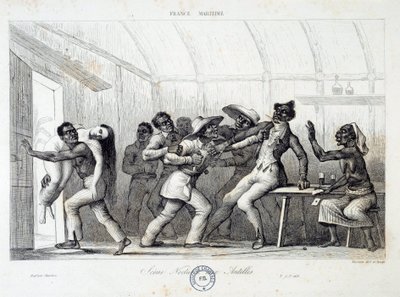 Egy nyugat-indiai kocsmában harcolva rablók elrabolnak egy fiatal fehér nőt. 19. századi metszet. Chartres, Szépművészeti Múzeum alkotó: French School