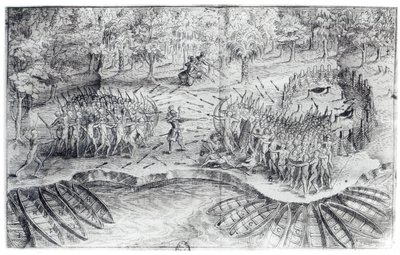 Huronok elleni harc, Samuel de Champlain (1567-1635) 1624-es "Champlain útja" című művéből. alkotó: French School