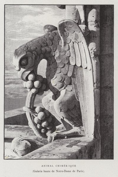 Kiméra állat figurája, a Notre Dame de Paris felső galériájáról (litho) alkotó: French School