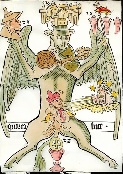 Szent Lukács evangélistát szimbolizáló figura: bika kötődik Jerikó városához (vagy Jeruzsálemhez), szőlőfürt, próféta, megjelenik az utolsó ítélet Krisztusa csillagokkal és napsugarakkal, zsidó portré, kehely . Metszet az „Ars alkotó: French School