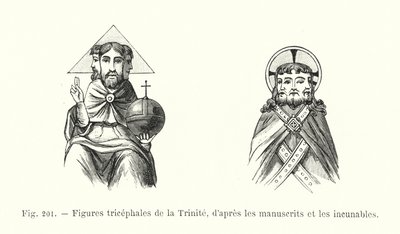 Háromfejű Szentháromság-figurák kéziratokból és inkunabulumokból (metszet) alkotó: French School