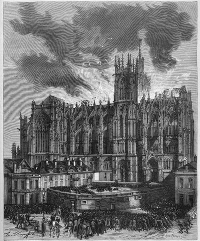 A metzi Saint Etienne (Szent István) katedrális tüze (Moselle, 57), 1877. május 7. Metszet az 1877. május 19-i „” Le Monde Illustré”” 1049. sz. alkotó: French School