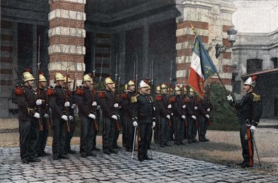 Párizsi tűzoltók. Tisztelet a zászlónak. „Katonai albumjelenet a katona életéből, Párizs tűzoltói”” 1892-ben. alkotó: French School