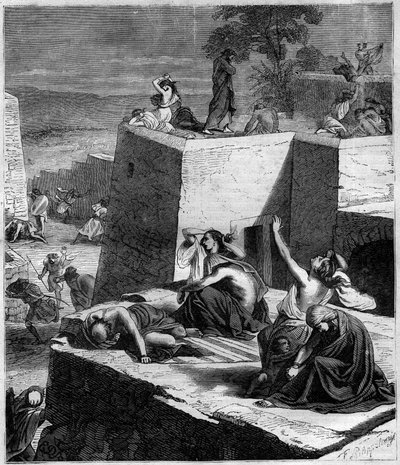 Első keresztes hadjárat (1096-1099): A német keresztes hadjáratok szétverték a magyarokat és felgyújtották a városokat. Metszet a „Histoire des Papes-Rois-Queen and Empereurs a travers les centuries” című könyvébe, Maurice Lachatre alkotó: French School