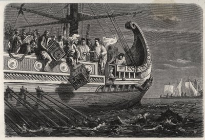 Első pun háború – Publius Claudius Appius Pulcher (meghalt Kr.e. 240 körül) a drepanumi csata előtt (i.e. 249) szent csirkéket vet a tengerbe – Első pun háború – Drepanai csata – Publius Claudius Appius Pulcher a drepanumi csata előtt alkotó: French School