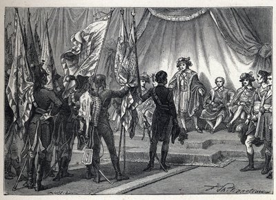 Első koalíció: Joachim Murat (1767-1815) bemutatja a végrehajtó testületnek a Bonaparte Napóleon által irányított francia hadsereg által az olasz hadjárat során meghódított zászlókat. Metszet 1889-ből. Magángyűjtemény. alkotó: French School
