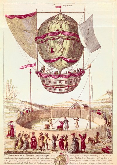 Hőlégballon első repülése, 1783. december 22. Defsessebrukban (Wales) (litográfia) alkotó: French School