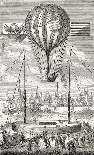 Első repülés irányítható ballonnal, Dijonból, 1784. június 12-én, a "Csodálatos léggömbemelkedések vagy az égbolt meghódítása" című filmből, Fulgence Marion 1870 körül. alkotó: French School