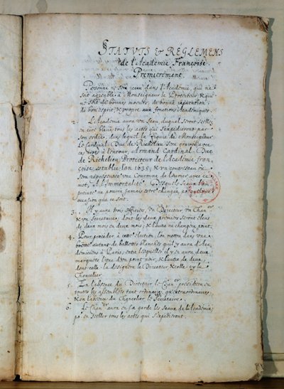 A Francia Akadémia alapszabályának első oldala, 1635 (tintával papíron) (lásd még: 179947) alkotó: French School