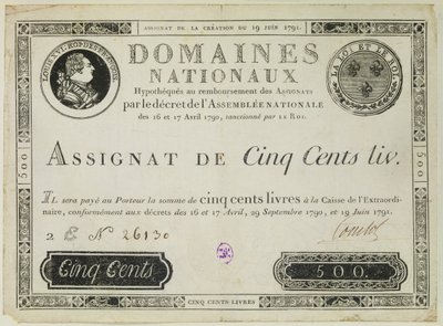 Ötszáz livres bankjegy, 1791. június 19 alkotó: French School