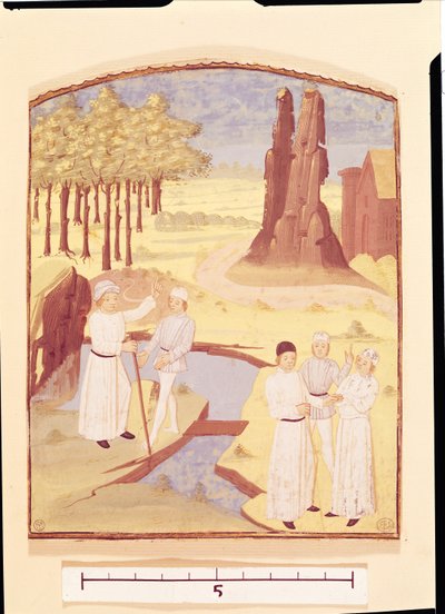 Öt ember beszélget a kerttervezésről, a Livre des Prouffitz Champestrestől, Pietro de Crescenzi (1230-132021) alkotó: French School
