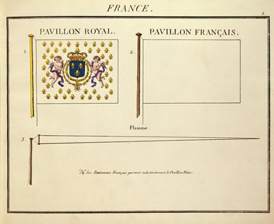 XVIII. Lajos és X. Károly francia királyok zászlaja a Pavillons des Puissances Maritimes-tól (színes metszet) alkotó: French School