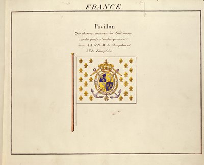 Dauphin és Dauphine, Louis-Antoine és Marie-Therese francia zászlaja, a Tengerészeti Hatalmak Pavilonjaiból, 1815-30 körül (színes metszet) alkotó: French School