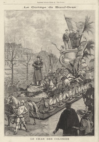 A kolóniák lebegése a Boeuf Gras karneváli körmenetben, Párizs, Franciaország (metszet) alkotó: French School