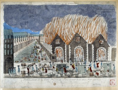 Foire Saint Germain vásár Párizsban, 1762. március 16-ról 17-re virradó éjszaka - metszet alkotó: French School