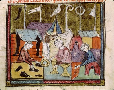 Fol.122v kereskedők a Lendit vásáron St. Denis közelében, a Grandes Chroniques de France-tól, 1375-79 alkotó: French School