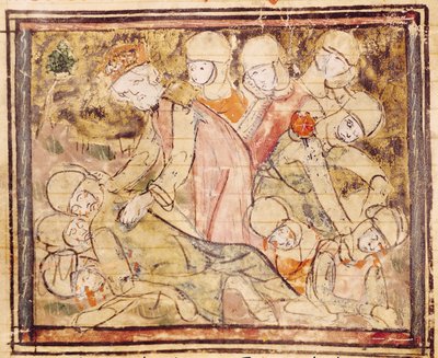 Fol.136v Hogyan találta meg Nagy Károly (742-814) Rolandot holtan, a Grandes Chroniques de France-ból, 1375-79 alkotó: French School