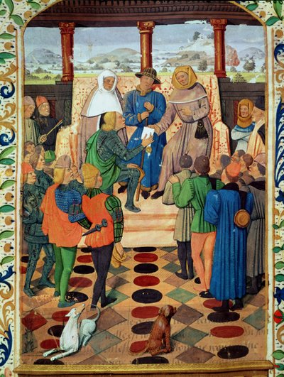 Fol.185v VII. Károly (1403-61) dokumentumot ad Jean de Bueil (1405-78) Le Jouvencelből Joan of Arc-nak (1412-31) alkotó: French School