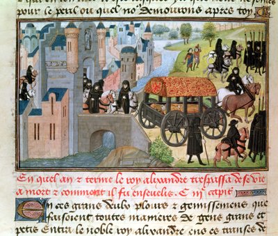 Fol.305v Hogyan hunyt el és temették el Nagy Sándor (Kr. e. 356-323) Jean Vauquelin kéziratából, a Histoire du Grand Alexandre-ból, 1460 alkotó: French School