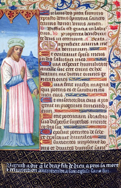 Fol.36v A Magnificat szövege Baruch portréjával, a Heures a lUsage de Rome-tól alkotó: French School