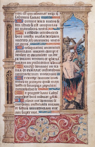 Fol.67r Szövegoldal egy szegélyrészlettel egy férfiról, akit két démon kínzott, a "Heures de l"Usage de Rome"-ból alkotó: French School