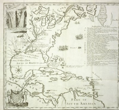 Észak-Amerika Atlanti-óceán partjának kihajtható térképe, 1714 alkotó: French School