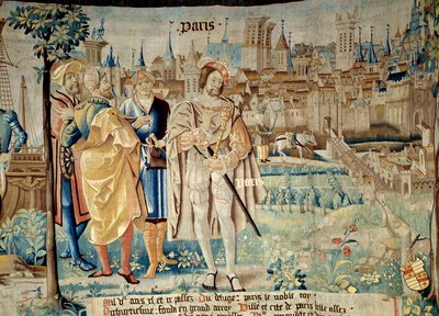 Fondation de la ville de Paris. I. Ferenc király (1494-1547) 1527-ben a fogságból hazatérve döntött úgy, hogy állandó fővárosát Párizsban hozza létre. „A gallok mesés történelme” című kárpit az arras-i műhelyben. 1530 Beauvais, departm alkotó: French School