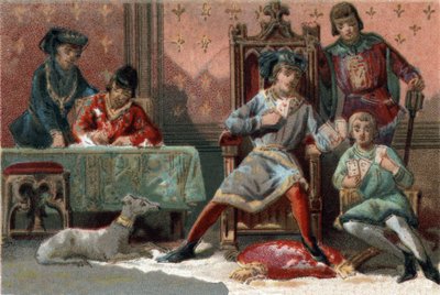 A figyelem elterelésére VI. Károly francia király (1368-1422) kártyázott. Kromolitográfia 1890 körül. alkotó: French School