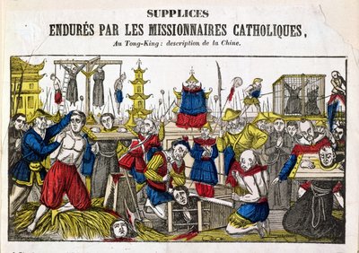A kínzás formái, amelyeket a katolikus misszionáriusok elviseltek Tonkingban, Kínában, 1840 alkotó: French School