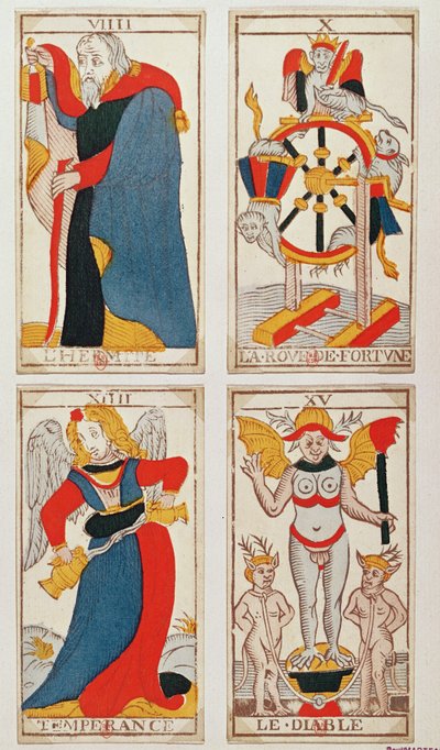 Négy Tarot kártya, amelyek a Remete, a Szerencsekerék, a Mérséklet és az Ördögöt ábrázolják (színes fametszet) alkotó: French School