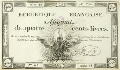 Négyszáz livres bankjegy, 1792. szeptember 21 alkotó: French School