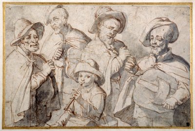 Négy rohanós játékos és egy fiú pipával, 1650-99 körül (toll és tinta papíron) alkotó: French School