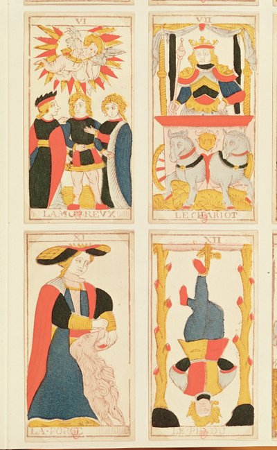 Négy tarotkártya, amelyek a szerelmeseket, a szekeret, az erőt és az akasztott embert ábrázolják (színes fametszet) alkotó: French School