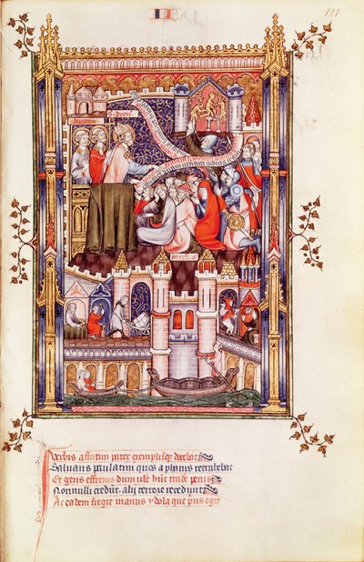 Fr 2091 fol.111 St. Denis prédikál a pogány bálványaikat megtörő párizsiaknak, Vie de St. Denisből, 1317 alkotó: French School