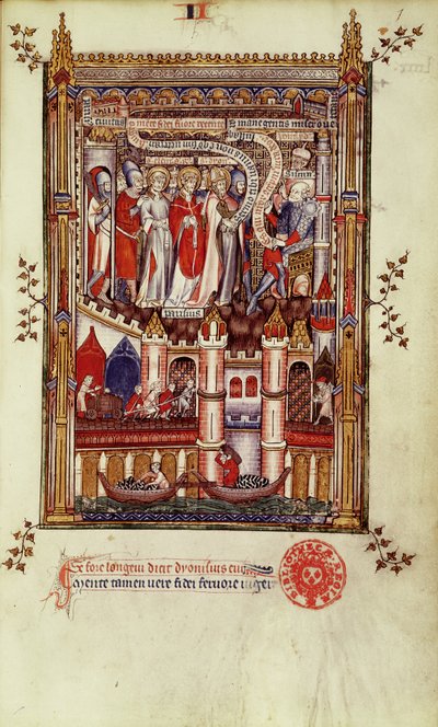 Fr 2092 f.1 St. Denis és társai első kihallgatása Sisinniustól, Vie de St. Denisből, 1317 alkotó: French School