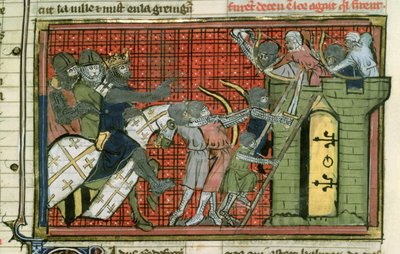 Fr 22495 f.36r Támadás egy város ellen, Le Roman de Godefroi de Bouillontól alkotó: French School