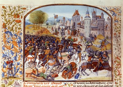 Fr 2643 f.97v Nevilles Cross-i csata a százéves háborúból 1346-ban, a Froissarts Chronicle-ból alkotó: French School
