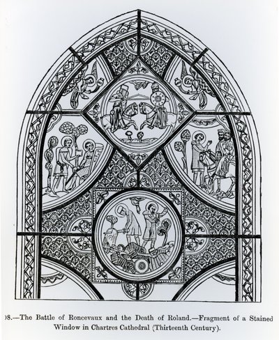 Egy ólomüveg ablak töredéke a Chartres-i katedrálisban, a roncevaux-i csatát és Roland halálát ábrázolja, illusztráció a Középkori és a reneszánsz tudomány és irodalomból, író alkotó: French School
