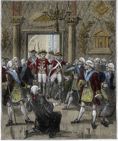Franc-Maconnerie (Franc Maconnerie) a párizsi Hotel de Soissonban 1745 júniusában: a franco-macon szertartást megszakította egy rendőrbiztos érkezése. Metszet „Párizsban az évszázadok során”, Gourdon de Kenouillac 1880. alkotó: French School