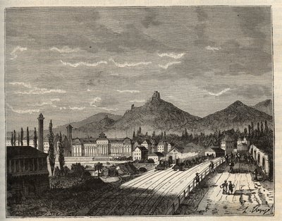 Franciaország, Elzász, Bas-Rhin (67), Saverne: A Zorn partjai, a sziklákra épült régi Chateau du Haut Barr - „France illustree: földrajz, történelem, statisztikai igazgatás” metszet, V.A. Maláta-barna. 1884 alkotó: French School