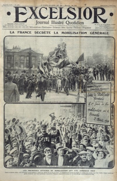 Franciaország 1914. augusztus 2-án általános mozgósítást hirdetett, az Excelsior borítójának illusztrációja 1914. augusztus 2-án, vasárnap alkotó: French School