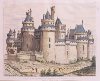 Franciaország, Pierrefonds középkori kastélya, Violet le Duc restaurálta a Moniteur des Architectes-től, metszet alkotó: French School