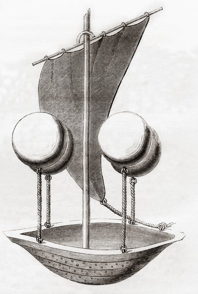 Francesco Lana de Terzi repülő csónak koncepciója 1670 körül, a „Les Merveilles de la Science”-ből, 1870 körül megjelent (litho) alkotó: French School
