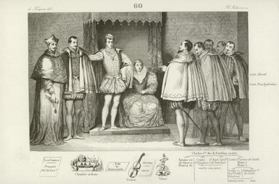 II. francia Ferenc tájékoztatja a parlament képviselőit, hogy nagybátyjait, Guise herceget és Károlyt, Lotharingia bíborosát választotta ki a kormányzásra, 1559 alkotó: French School