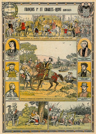 I. Ferenc francia és V. Károly, római római császár, illusztráció a "Histoire de France"-ból alkotó: French School