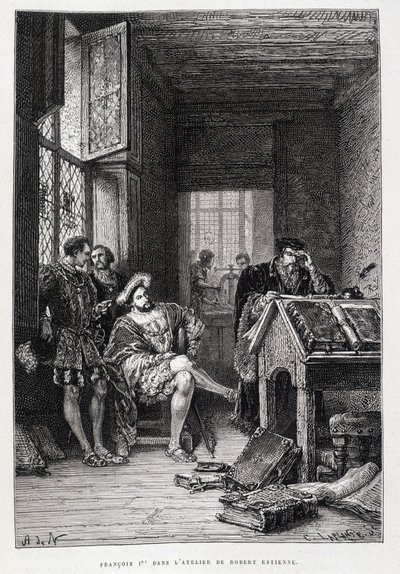 Francois 1st Robert Estienne stúdiójában - metszet alkotó: French School