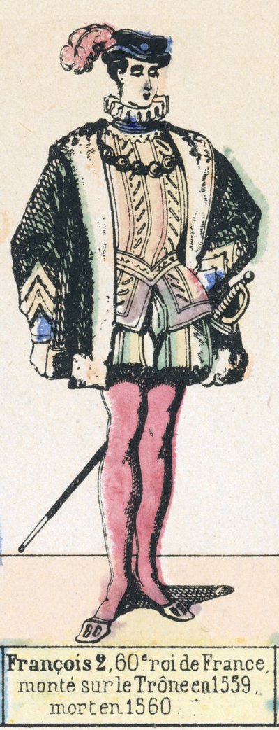 Francois 2, Franciaország 60. királya, 1559-ben lépett trónra, 1560-ban halt meg (színes metszet) alkotó: French School